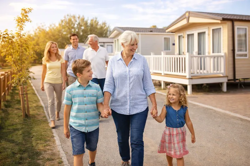 Family walking through the holiday park near static caravans at Home Farm Holiday Park in Somerset
