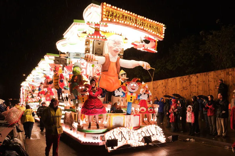 Illuminated carnival cart at Bridgwater Guy Fawkes Carnival, Somerset